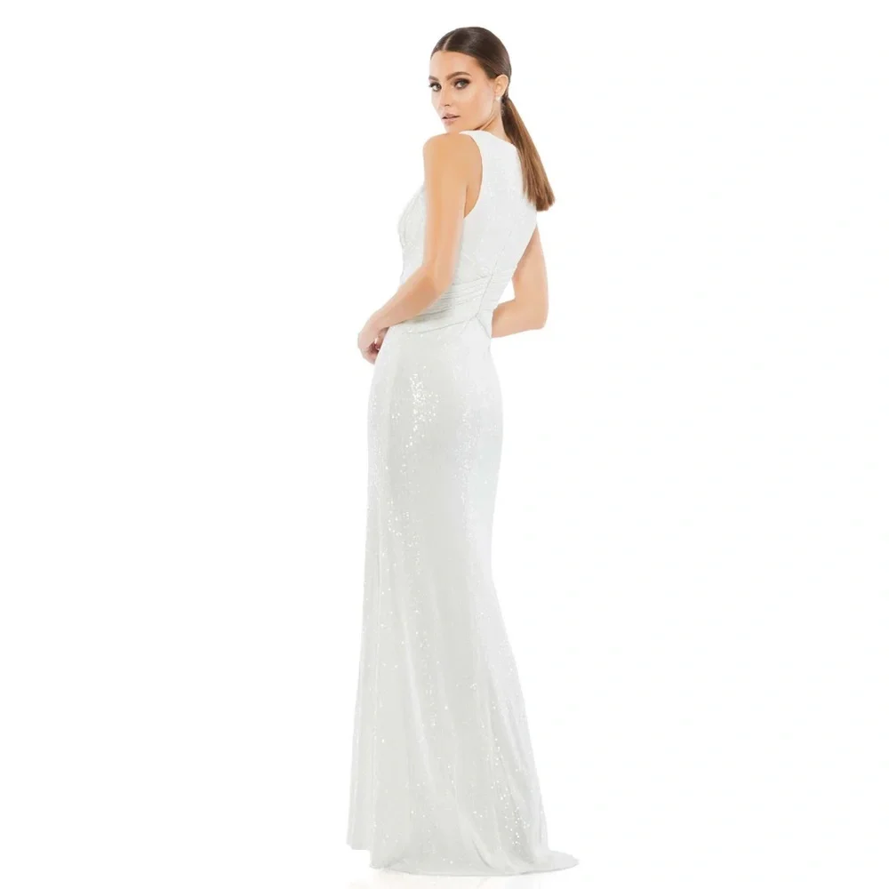 NWT $398 MAC DUGGAL V-NECK SEQUIN WRAP WAIST GOWN WHITE 26598 - Picture 2 of 3